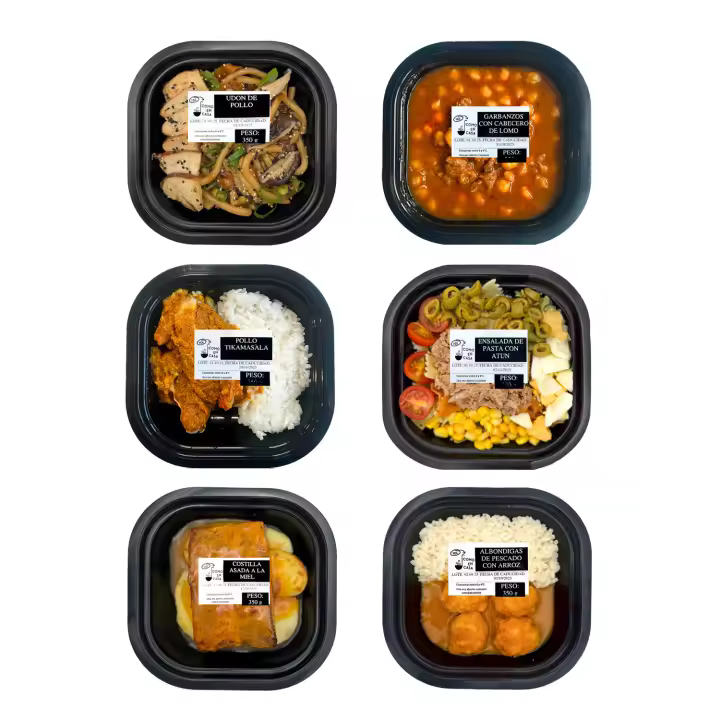 PIDE COMO EN CASA | Platos Preparados Listos para Comer | Noodles Udon Pollo, Garbanzos con Lomo, Ensalada de Pasta Atún, Albóndigas Merluza Salsa Marinera, Costillas Miel Patatas, Pollo Tikka Masala | Pack 6 x 350 g - 1