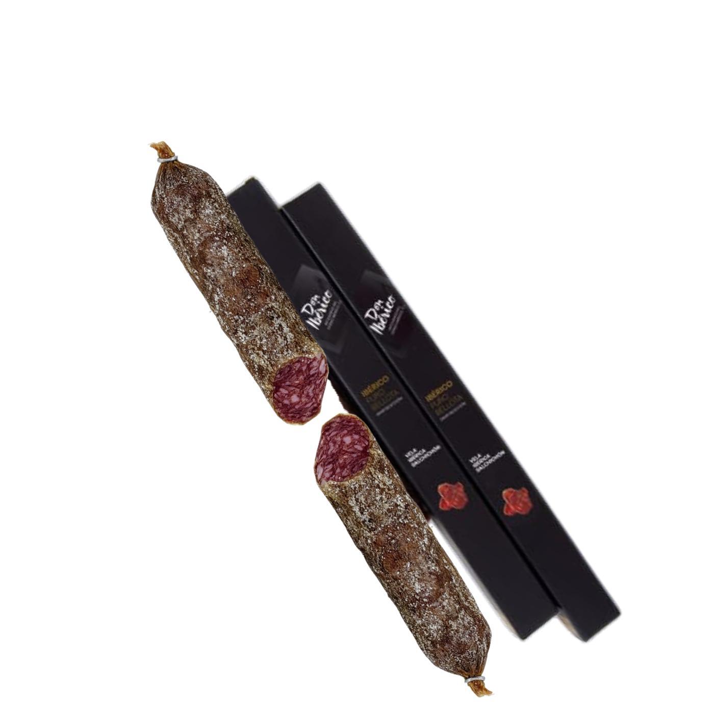 VELA IBÉRICA DE BELLOTA PREMIUM- Chorizo o Salchichón [Estilo FUET] -  en Caja elegante| Don Ibérico