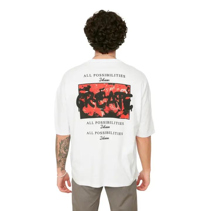 Trendyol White Oversize Printed Short Sleeve T-Shirt Tmnss21Ts0878 - 1