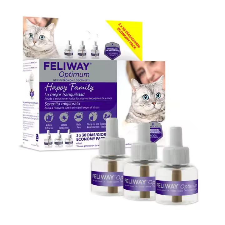 Feliway Optimum – Antiestrés para gatos – Pack de 3 recambios (3 x 48 ml) - 1