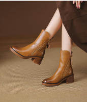 Botas Cortas De Cuero Para Mujer Otoño Invierno Con Tacón Chunky Cierre De Cremallera Botas De Tobillo Plataforma Modernas Talla Grande Confort Transpirables - details 3