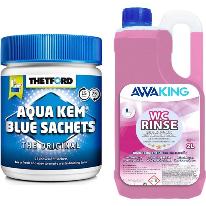 Thetford Aqua KEM Blue Sachets + Rinse Awaking 2l,Líquido WC Químico,Liquido WC Potti, Aditivo Aguas Negras Caravana, Liquido Taza WC,Depósitos Autocaravanas, plantawa,Concentrado, Aromatizante