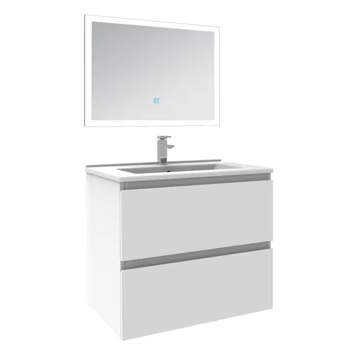 AICA Mueble de baño, blanco mate, 60 cm de largo, dos cajones, con lavabo, espejo con iluminación LED - 1