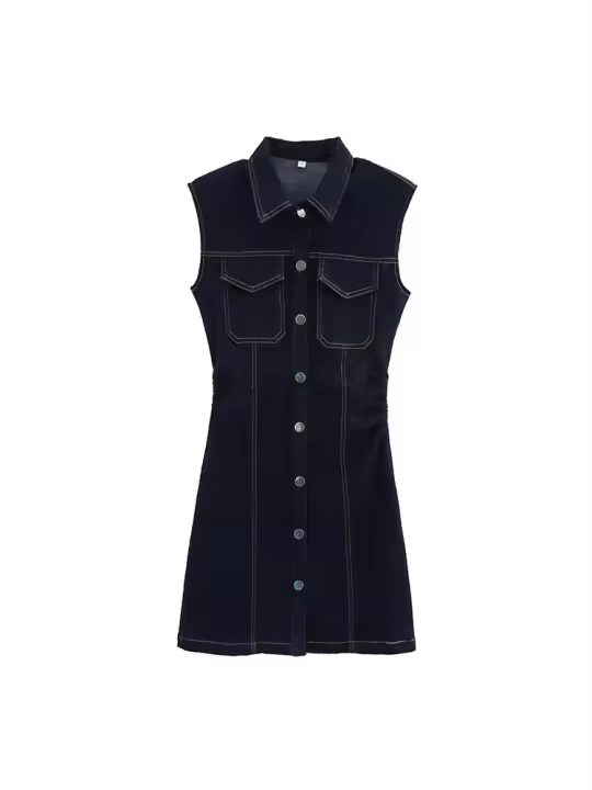 Vestido Mini De Verano Para Mujer En Denim Estilo Elegante Con Cuello En V Y Bolsillos Detalles Elegantes Vestido Largo Antebrazo - 1