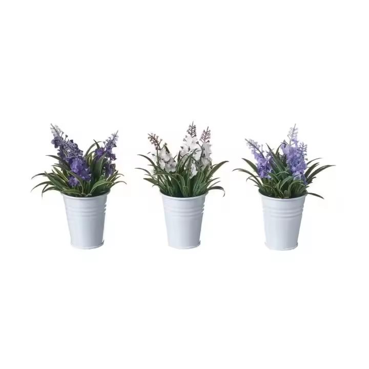 Dcasa Set de 3 plantas artificiales lavanda de tela con vaso blanco de metal de Ø 9x14 cm - 1