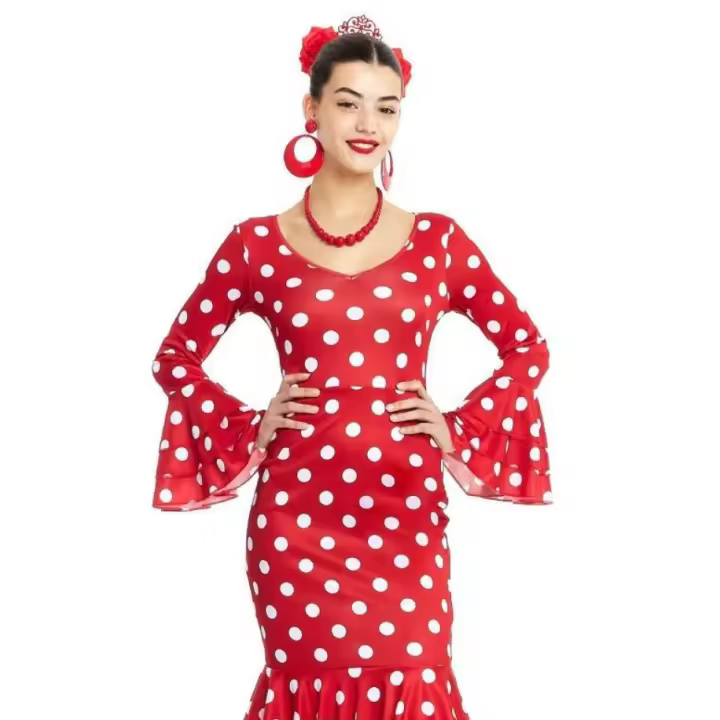 Disfraz de Sevillana rojo con lunares blancos negros para mujer niña, Vestido de flamenca para fiesta feria abril - 1