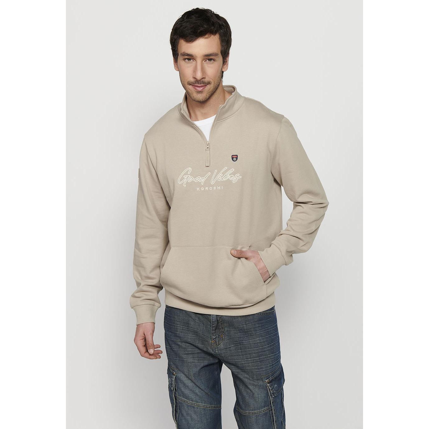 Koroshi Sudadera de manga larga de cuello alto con cremallera con detalle delantero de piedra para hombre | ropa casual