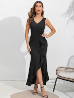 Vestido Formal De Noche Para Mujer Largo Negro Vestido De Boda Para Invitadas Y Novia Sin Mangas Cuello En V Plegado Alineado - details 5