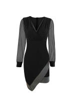Nuevo 2024 Vestido Largo Elegante Con Cuello V Y Sequinias Patchwork Malla Sensual Destaca El Encanto Feminino Estilo Casual Longitud De Rodilla Polyester - details 3