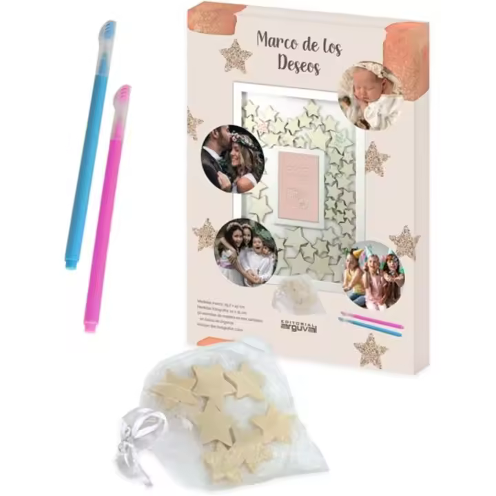 Marco de los Deseos 42 x 29 centimetros, Personalizable con Foto de 10x15 cm, 50 Estrellas de Madera para Firmas - Libro de Visitas y de firmas,  Ideal para Bodas, bautizos y cumpleaños, comuniones, aniversarios Eventos Especiales, un testimonio - 1