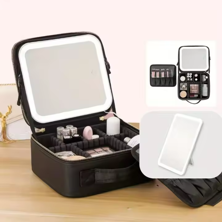 Bolso De Maquillaje Con Espejo Iluminado Y 3 Ajustes De Color Estuche De Viaje Organizador De Cosméticos Con Divisoria Ajustable Y Tablero De Cepillo - 1