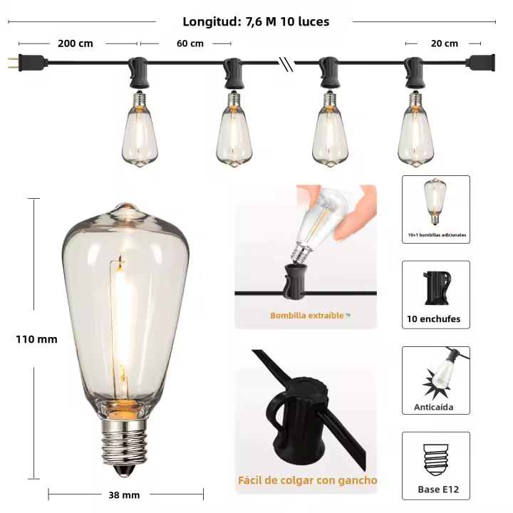 Luces De Cadena ST38 Para Exterior Garland Conectable Plástico Inmune a La Rotura Y Impermeable LED Dimmable Para Decoración De Patio Jardín Luz Fina De Navidad - 1
