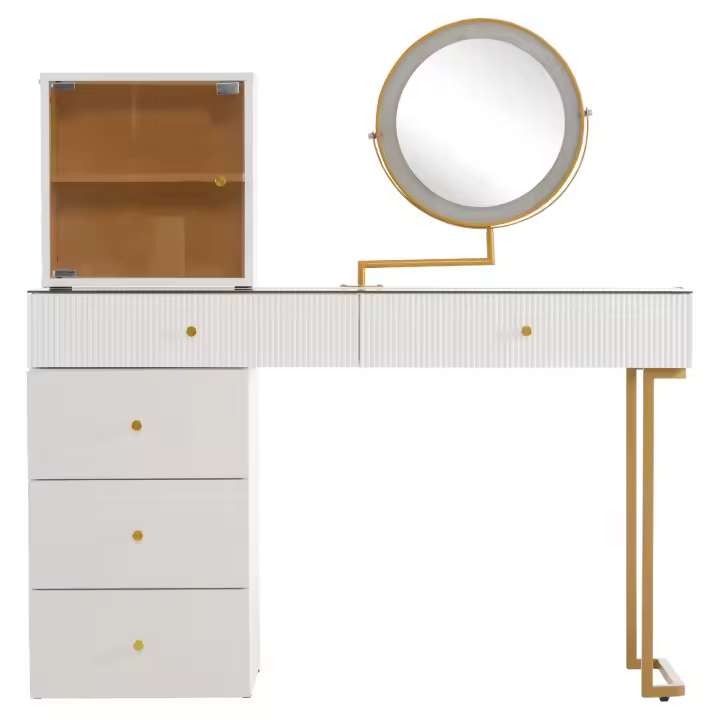 Juego de tocador con Espejo con iluminación LED, tablero de Cristal Templado transparente, laterales de tocador y Armario, Elegant Furniture, Blanco, Dimensiones: 120x45X115 cm (sin taburete) - 1
