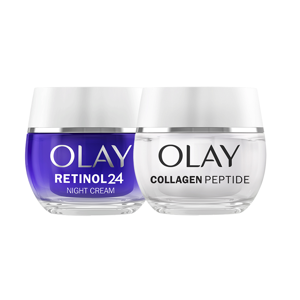 Olay Regenerist Retinol24 Crema Hidratante De Noche, Reduce Líneas De Expresión En 14 Noches + Olay Collagen Peptide24 Crema Facial De Día Con Péptido De Colágeno Y Vitamina B3 + Protección SPF 30, 50+50ml