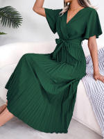 Vestido Maxi Elegante De Cintura Alta Con Volantes Y Mangas De Mariposa Para Mujer Vestido De Fiesta Casual De Polyester - details 17