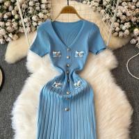 Vestido Largo Elegante Tejido Para Mujer Verano V Cuello Suelto Botones Bodycon Midi Fiestas Oficina Vestidos De Mujer - details 1