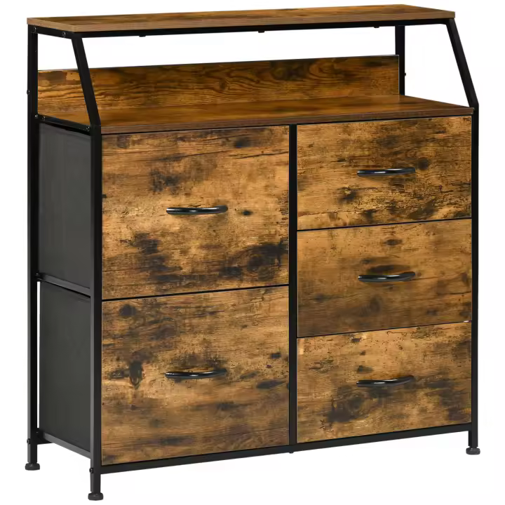 HOMCOM Mueble Organizador Cajonera de Tela con Cajones Plegables Estante Abierto y Marco de Acero Estilo Industrial para Salón Recibidor Dormitorio 83,5x29x87 cm Marrón Rústico - 1