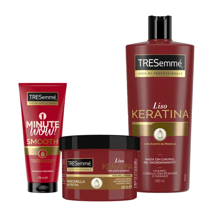 TRESemmé Pack Liso Keratina Champú 685ml + Mascarilla 1 minuto WOW 170ml + Mascarilla con aceite de marula y keratina 440ml - Pack de 3 - 1