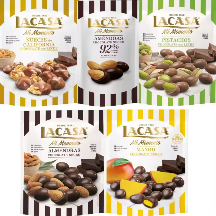 Lacasa Mi Momento pack de 5:Almendra 92% 65G,Nueces Leche 115G,Almendra choco Negro 125G,Pistacho Leche 100G,Mango choco Negro 115G - 1