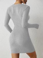 Vestido De Punto De Manga Larga Con Cierres En Los Hombros Y Cuello Redondo De Color Sólido Para Mujer Estilo Casual De Temporada Otoño/ Invierno - details 7