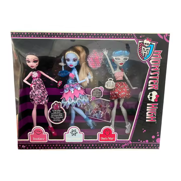 Monster High Dot Dead Gorgeous año 2012 Pack 3 muñecas Draculaura Ghoulia Yelps Abbey Bobinable X4482 Lote de tres Nuevas para Coleccionistas con Accesorios - 1
