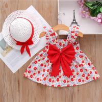 Conjunto De 2 Vestidos Y Sombreros Para Niñas Verano Estampado Floral Con Lazo Sleeves Volantes Con Suspensión Vestido De Polyester Para Bebés De 1-2 Años - details 1