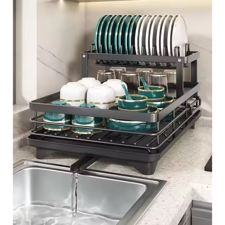Estante De Secado De Platos Ajustable Con Borde De Drenaje Para Encimera De Cocina Y Almacenamiento Sobre El Grifo Organizador Con Portajuguetes Material De Acero Inoxidable Estilo Moderno - 1