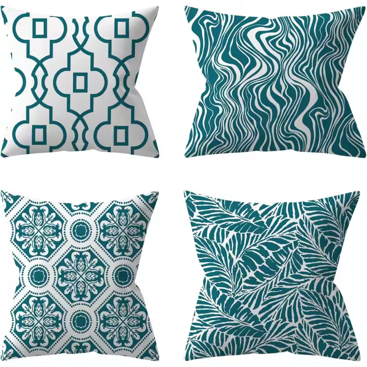 Juego de 4 Fundas de Cojines para Exterior, Planta Verde, Cojines Decorative para Jardín (45x45 cm, Turquesa) - 1