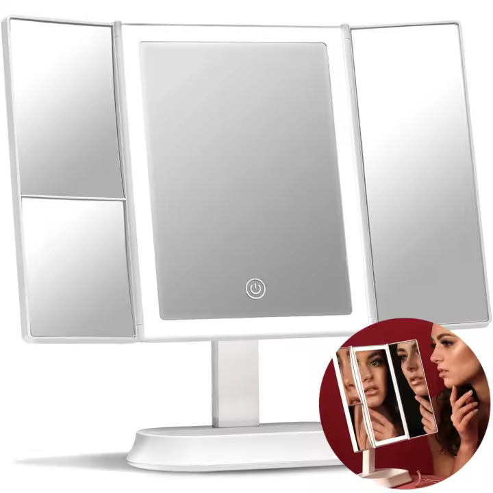 Espejo de maquillaje grande con luces LED naturales, espejo de tocador triple iluminado con aumentos de 5x y 7x - Luces regulables, pantalla táctil, soporte para cosméticos (Sora) - 1