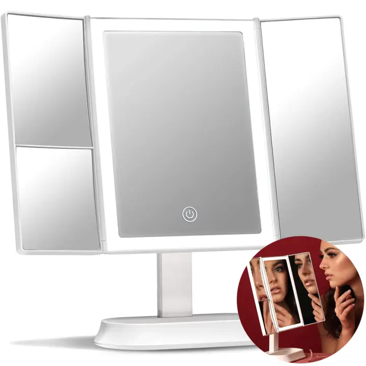 Espejo de maquillaje grande con luces LED naturales, espejo de tocador triple iluminado con aumentos de 5x y 7x - Luces regulables, pantalla táctil, soporte para cosméticos (Sora) - 1