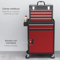 HOMCOM Carro de Herramientas Caja de Herramientas de Acero Carro de Taller con Ruedas Puerta Extraíble 5 Cajones y Cerraduras de Acero Macizos para Taller Garaje Negro y Rojo - details 1