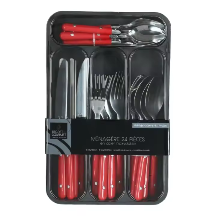 Set de 24 Cubiertos con Cubertero - Acero Inoxidable con Mangos de Polipropileno - Incluye Tenedores, Cuchillos, Cucharas y Cucharillas - Disponible en Rojo, Negro y Gris. 5Five - 1