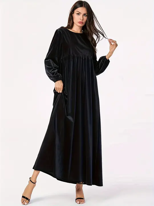 Vestido De Veludo Para Mujer Estilo Casual Largo Manga Campana Cuello Redondo Color Sólido Vestido Largo Con Corte Amplio - 1