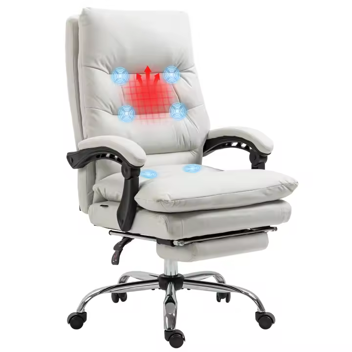 Vinsetto Silla de oficina con función de masaje, Silla de escritorio ergonómica con función de reclinación, Función de calefacción, Silla de ordenador ajustable en altura con reposapiés, Función giratoria, Crema - 1