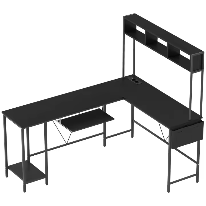 HOMCOM Escritorio de esquina modular reversible, escritorio con almacenamiento 160-240 cm estilo industrial - toma y puerto USB, estantes de almacenamiento y bandeja para teclado, escritorio de ordenador para 2 personas, negro - 1