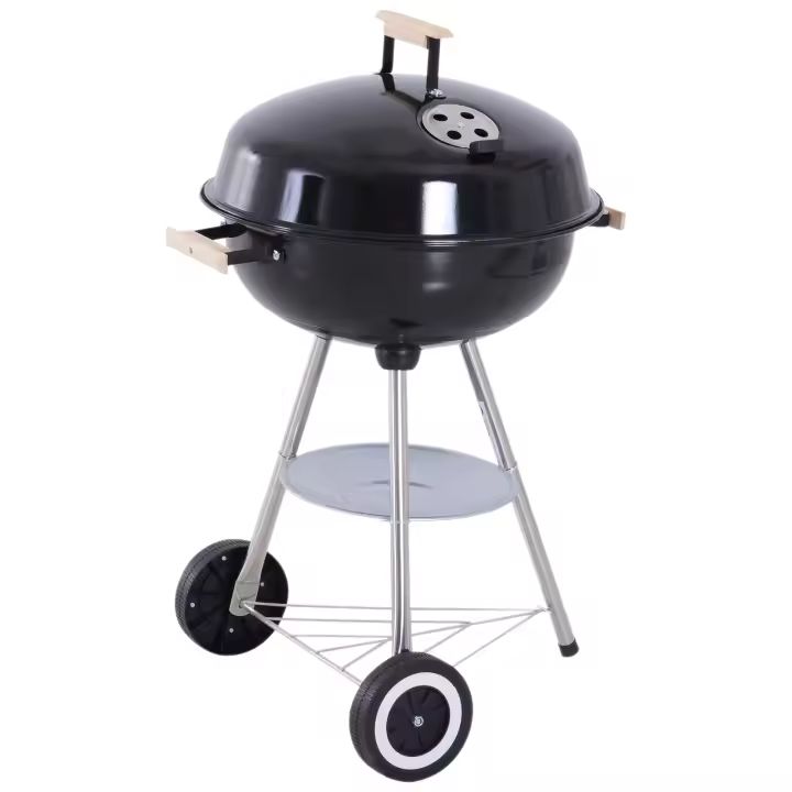 Outsunny Barbacoa de Carbón Vegetal con Ruedas Parilla de Carbón BBQ Portátil Tapa y Tazón Esmaltados Mangos de Madera 48x56x85cm para Jardín Exterior Picnic Acampada - 1