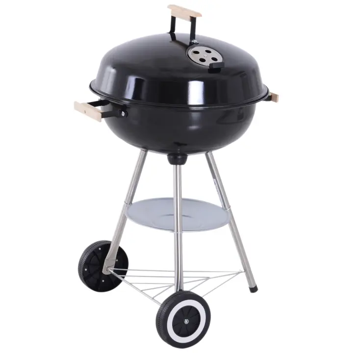 Outsunny Barbacoa de Carbón Vegetal con Ruedas Parilla de Carbón BBQ Portátil Tapa y Tazón Esmaltados Mangos de Madera 48x56x85cm para Jardín Exterior Picnic Acampada - 1