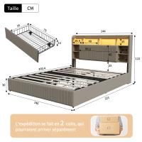 Cama de matrimonio 140x200 cm tapizada en lino beige con cajones, LED RGB, cabecero con almacenaje y carga USB-C - details 0