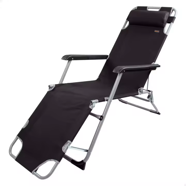 Tumbona plegable y reclinable Aktive negra, Antivuelco, material acero y textileno, medidas 178x60x89cm, Peso máx. 110Kg. - 1