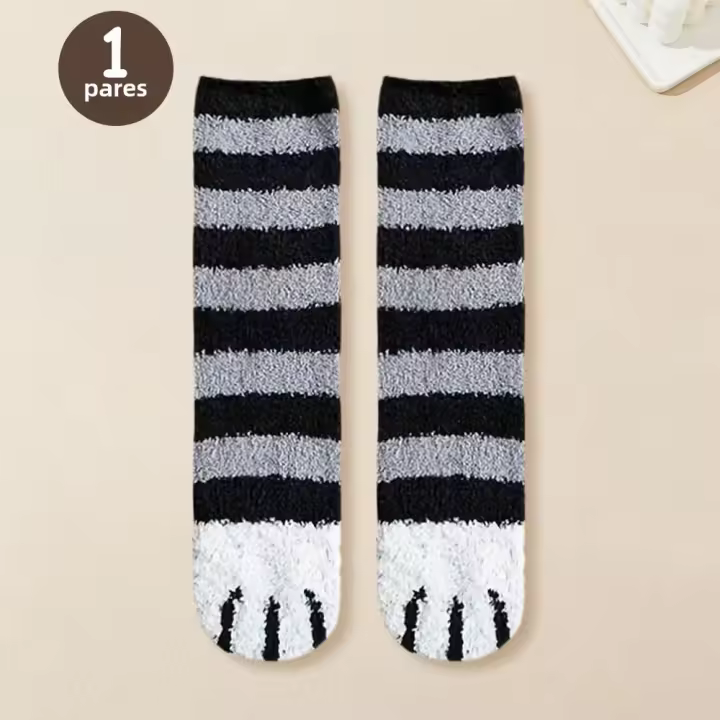 Calcetines De Piel Suave Para Mujer Invierno Caloroso Con Diseño De Pata De Gato Y Huella Dactilar Calcetines De Poliéster Talla Única Para Uso Doméstico Y Dormir - 1