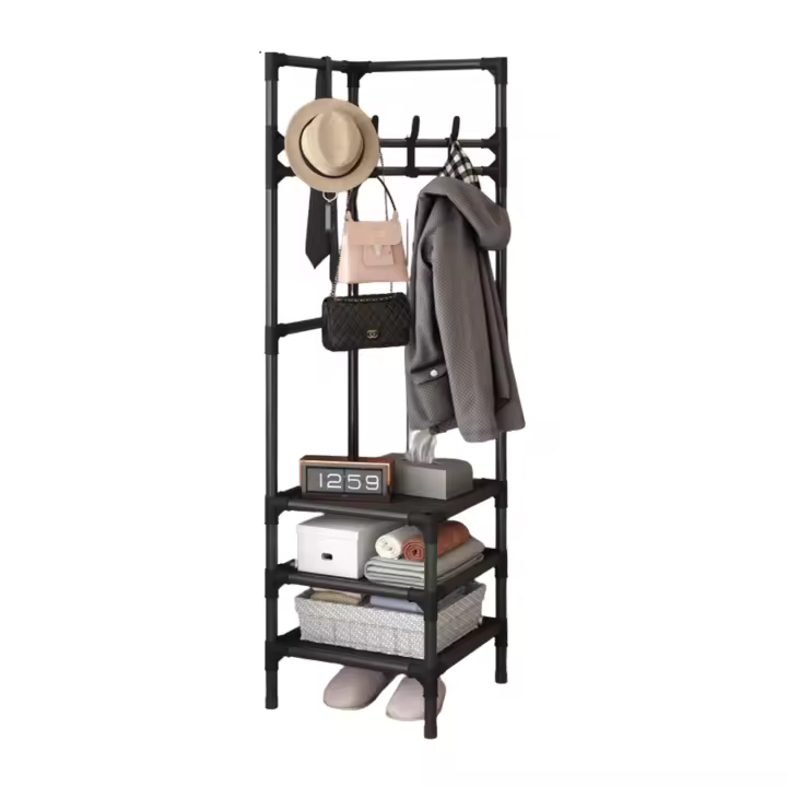 Perchero de pie, Zapatero, Compacto de varios niveles, Organizador esquinero de prendas y zapatos, Vertical, Tubo metal, Vestidor portátil para recibidor, Entrada, Sala de estar, Salón, Ligero y resistente - 1
