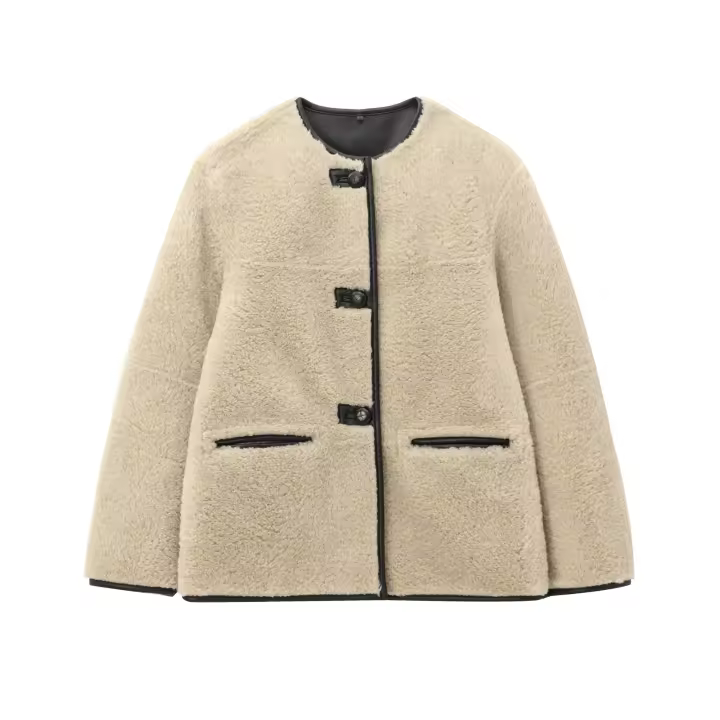 Chaqueta De Fieltro PB&ZA Para Mujeres Otoño E Invierno 2024 Cuello Redondo Abotonada Integrada Con Peluche Casual Para El Trabajo - 1