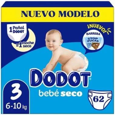Dodot Bebé-Seco Talla 3 (6-10 kg) 62 Pañales – Sequedad Duradera y Protección Anti Fugas - 1