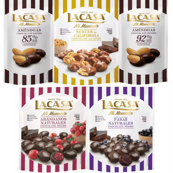 Lacasa Mi Momento pack de 5:Almendra 92% ,Almendra 85% ,Arándano Chocolate Negro ,Nueces Chocolate Leche ,Pasas Chocolate Negro - 1