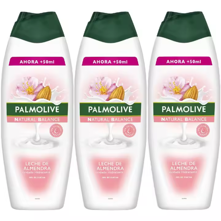 Palmolive Gel de Baño en Crema Natural Balance Leche de Almendra Cuidado Hidratante, Botella 550+50 ml, Pack 3 uds - Gel de ducha cremoso, agradable fragancia, ayuda a mantener la hidratacion natural de la piel, 600 ml - 1