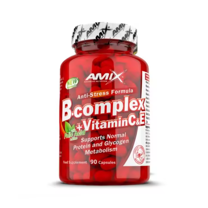 Amix Nutrition  - B-Complex 90 Cáp. - Complejo de vitaminas grupo B. Reforzado con Vitamina C. Apoyo completo al metabolismo energético. Protección antioxidante. Fortalece el sistema inmunológico. - 1