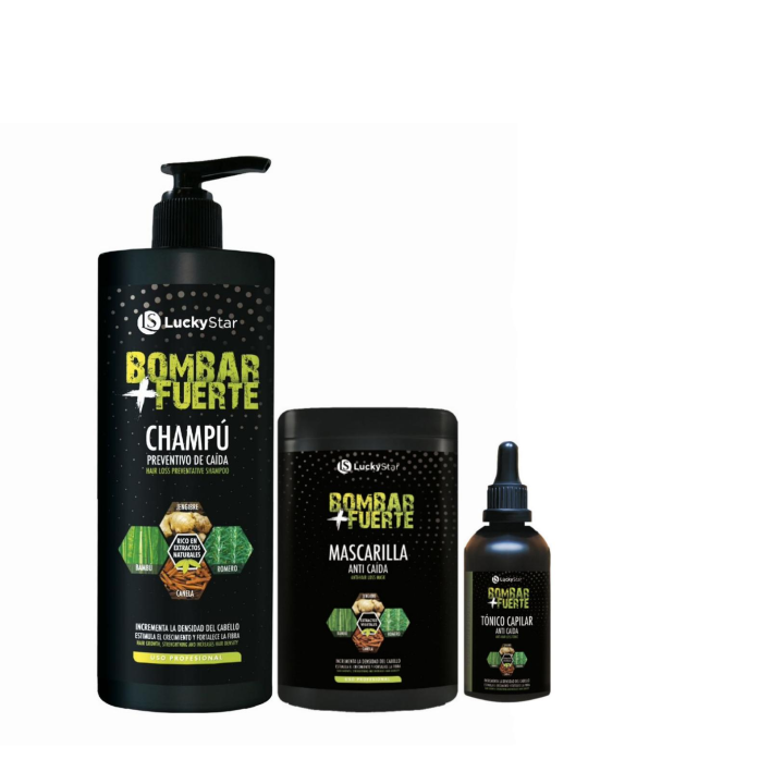 PACK PROMOCION BOMBAR FUERTE,INCREMENTA LA DENSIDAD DEL CABELLO ESTIMULA EL CRECIMIENTO Y FORTALECE LA FIBRA ,CHAMPU 1000 ML , MASCARILLA 1000 ML, TONICO 100 ML.