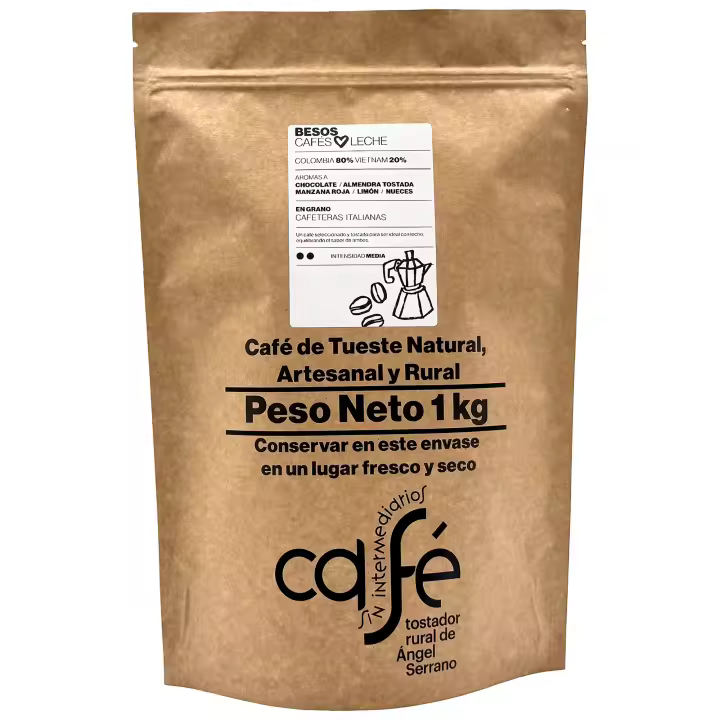 CAFÉ SIN INTERMEDIARIOS - Café de Colombia y Vietnam - Besos - Ideal para combinar con leche - Intensidad de sabor Media - Recién tostado y envasado - 1 Kg Grano o Molido (Exprés, Filtro, Italiana, Americana, Superautomática) - 1