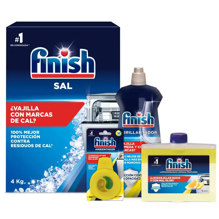 Finish Lavavajillas Sal 4kg + Abrillantador Limón 500ml + Limpiamáquinas Limón 250ml + Ambientador Limón - 1