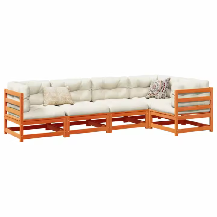 vidaXL Set de sofás jardín 5 pzas con cojines madera pino marrón cera - 1